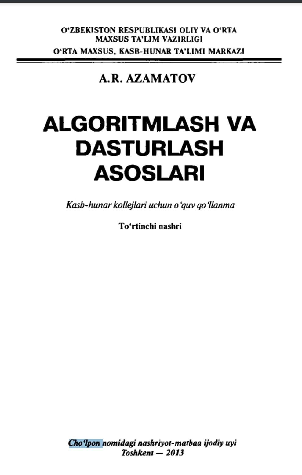 Algaritimlash va dasturlash asoslari