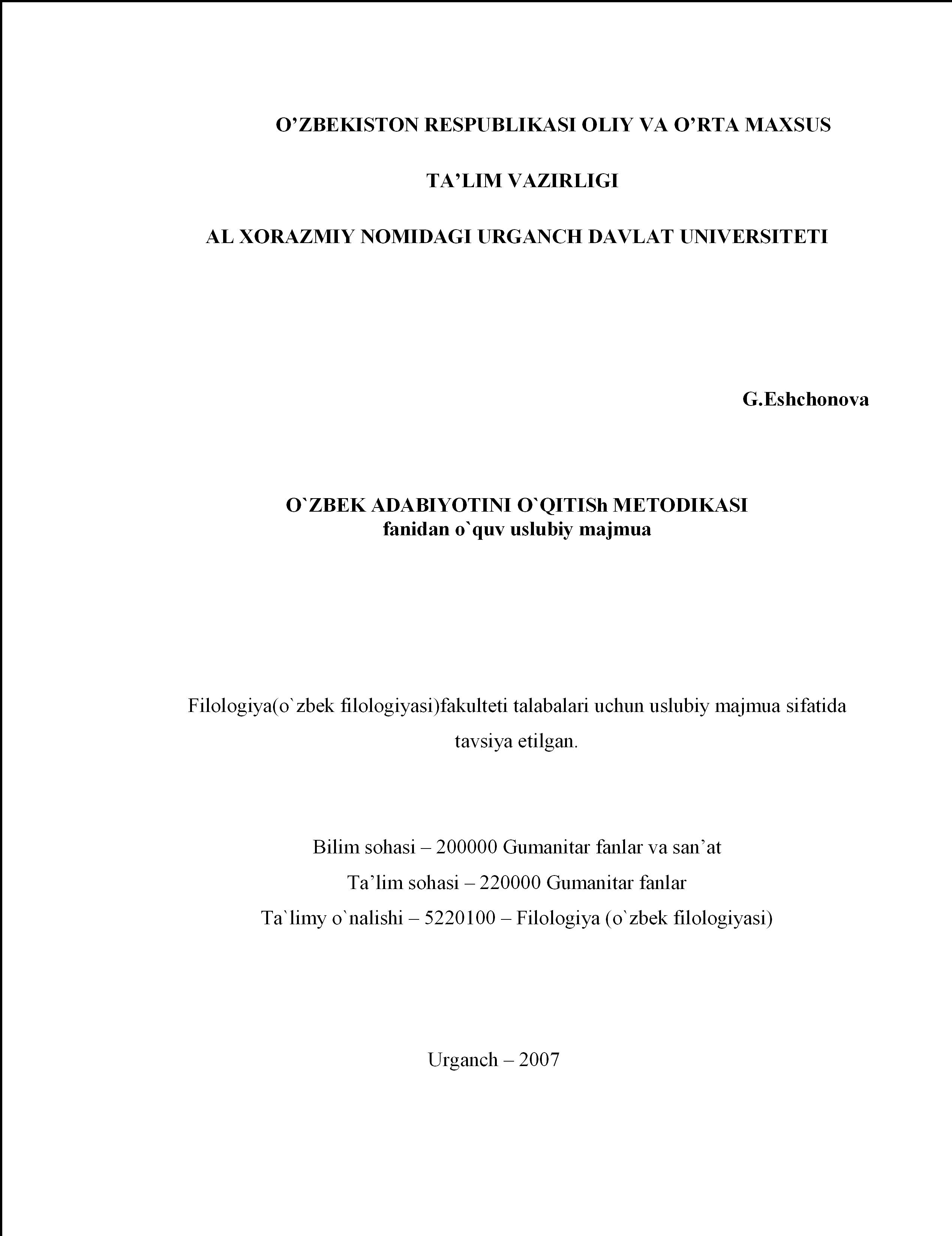 O'zbek adabiyotini o'qitish metodikasi