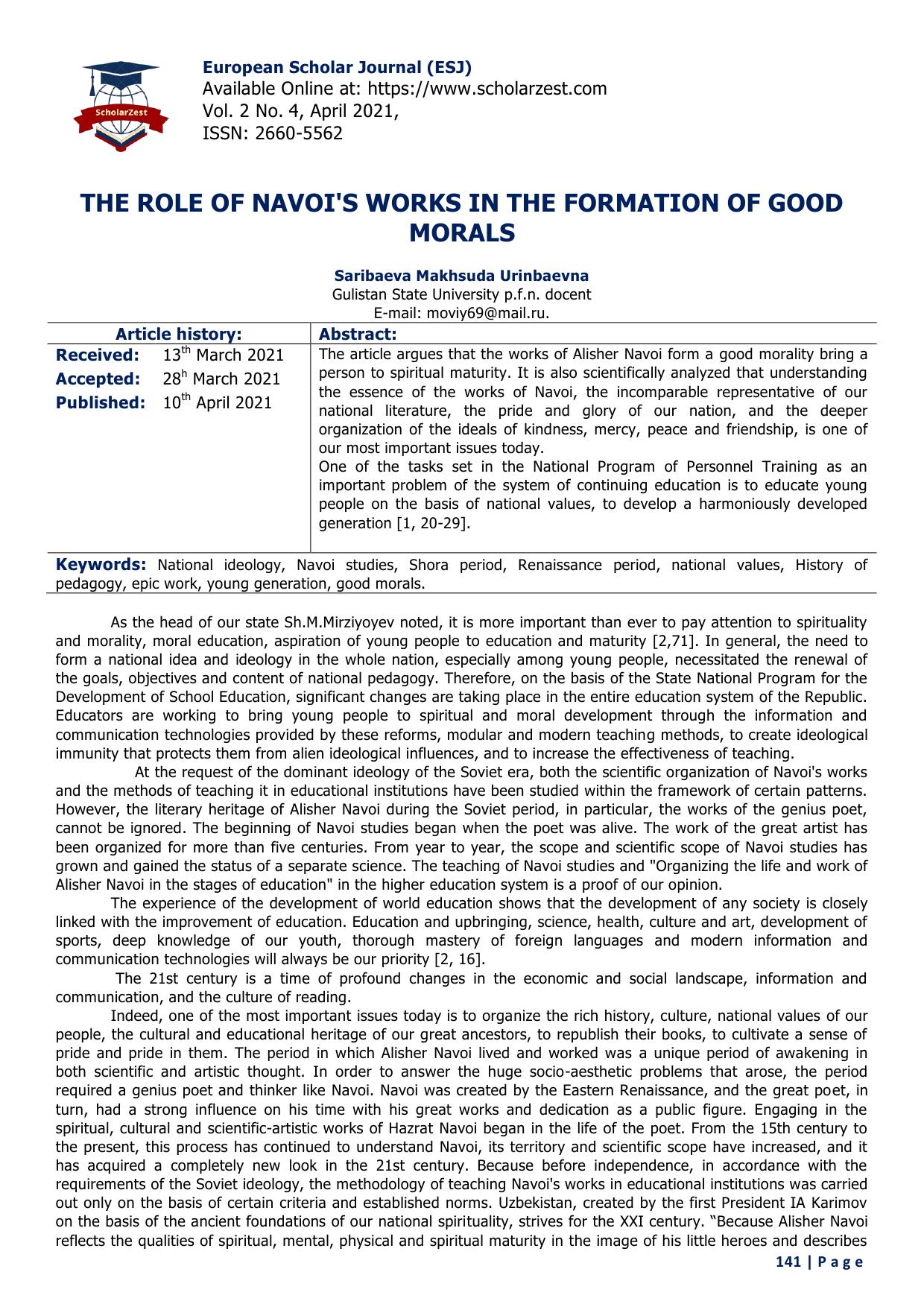 THE ROLE OF NAVOI'S WORKS IN THE FORMATION OF GOOD MORALS